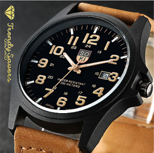 shppingHouse שעונים Men’s Military Leather Date Quartz Analog Army Casual Dress Wrist Watches